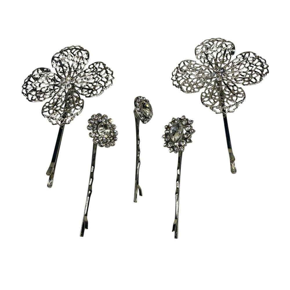 Silver Tone Rhinestone Hair Pins Set Filigree Flower Bobby Pins Bridal 5 Pcs
